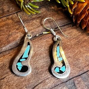 Taxco Blue Turquoise Inlay Earrings Sterling Silver Black Enamel Wire Hooks